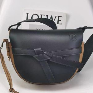 Loewe Mini Gate Dual Bag In Soft Calfskin and Jacquard Black/Camel
