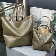 Loewe Puzzle Fold Tote In Shiny Calfskin Military Green