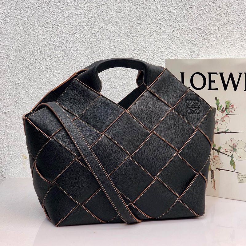 Loewe Large Woven Basket Bag In Grained Calfskin Black