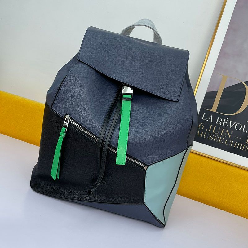 Loewe Puzzle Backpack In Grained Calfskin Navy Blue Sky Blue