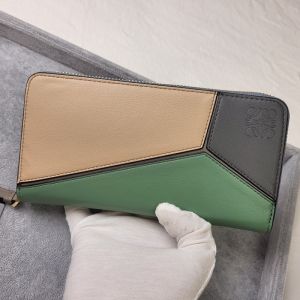 Loewe Large Puzzle Zip Around Wallet In Classic Calfskin Apricot/Green