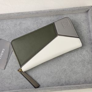 Loewe Large Puzzle Zip Around Wallet In Classic Calfskin Military Green/White