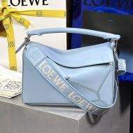 Loewe Small Puzzle Bag with Jacquard Strap In Satin Calfskin Sky Blue