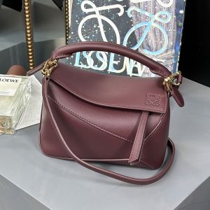 Loewe Mini Puzzle Edge Bag In Grained Calfskin Burgundy