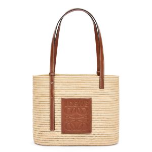 Loewe Small Square Basket Bag In Raffia and Calfskin Beige/Brown