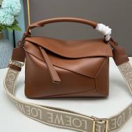 Loewe Small Puzzle Edge Bag with Jacquard Strap In Satin Calfskin Brown