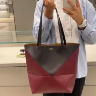 Loewe Medium Puzzle Fold Tote In Shiny Calfskin Burgundy/Black